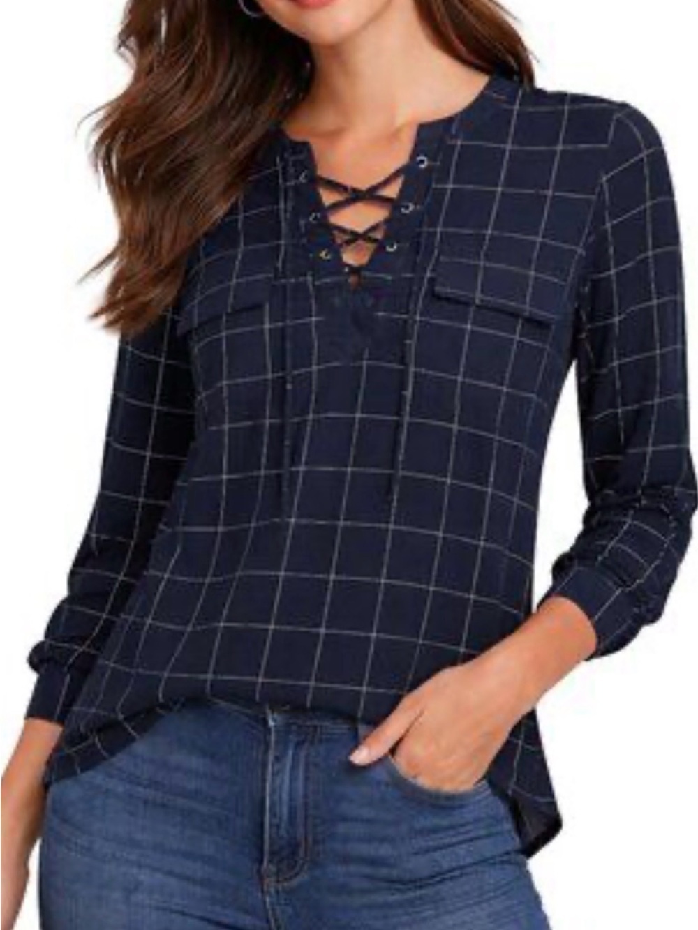 Madewell Silk Lace-Up Shirt in Windowpane Plaid Size S Small Over Shirt blue